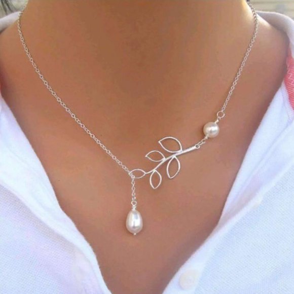 Necklace Jewelry - Pearl Droplet Thread Necklace 14K White or Yellow Gold plated for Woman White Pe